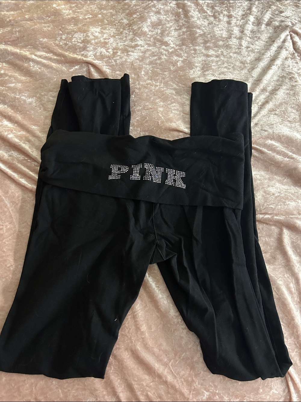 PINK Victoria's Secret Black Rhinestone Logo Fold-Over Waistband Leggings